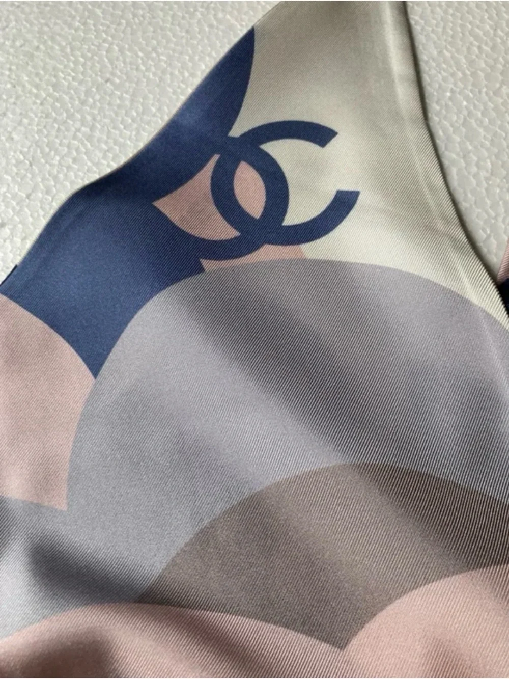 CHANEL Navy, Pink & Cream CC Motif Silk Scarf